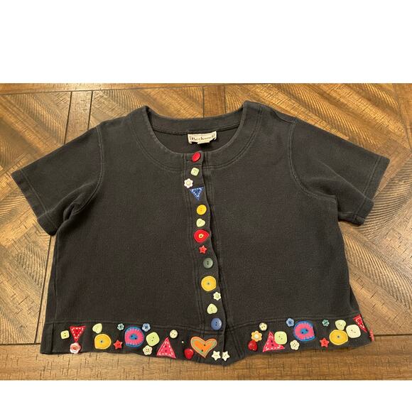 Bechamel Womens Cardigan Size L Black Button Embellished Short Sleeve Cotton - Picture 1 of 8
